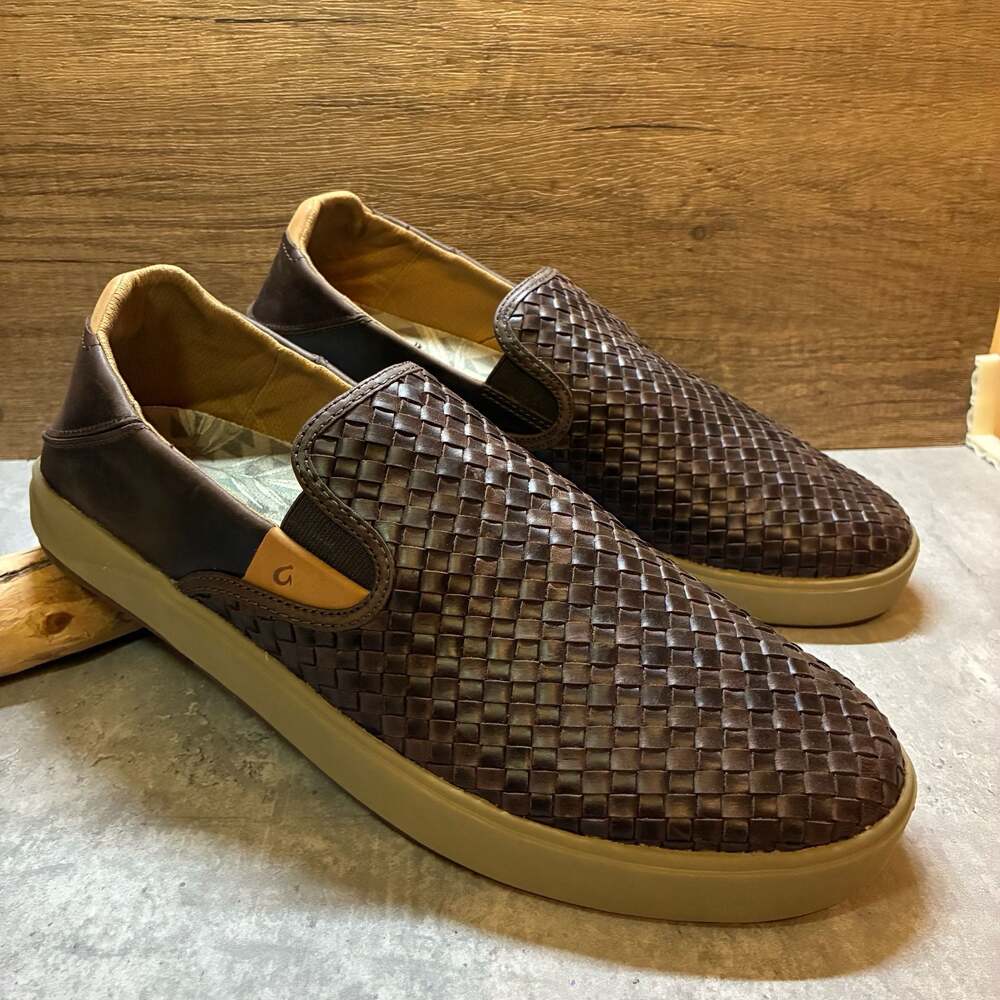 OluKai Lae'ahi Lauhala Men's Leather Woven Slip-On Sneakers Dark Java Sz 14